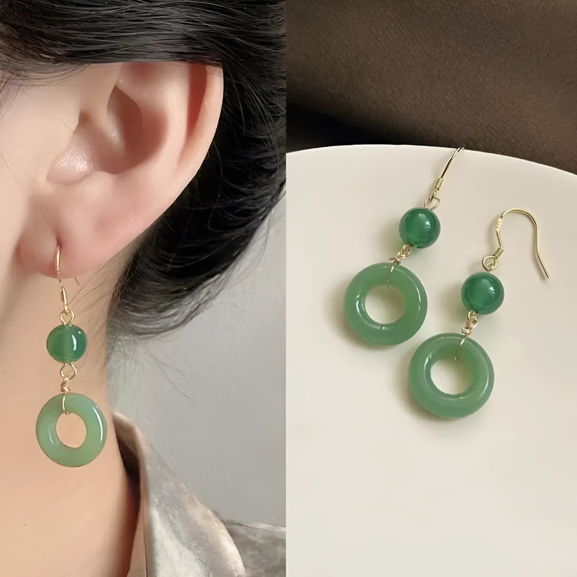 Green jade design geometric peace buckle earrings with 14K gold plating on zinc alloy