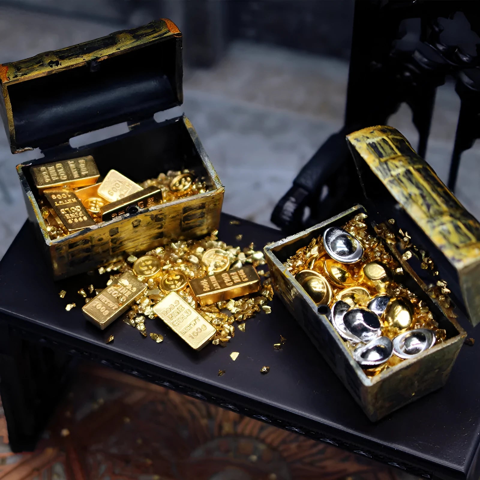 Alloy gold coin treasure box miniature dollhouse accessories with metallic finish