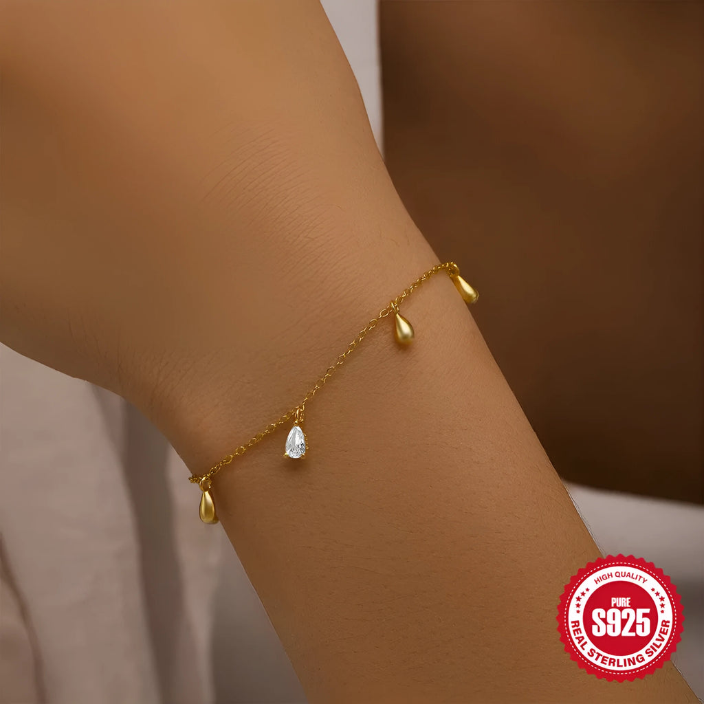 Gold S925 sterling silver water drop diamond pendant bracelet for women on white background