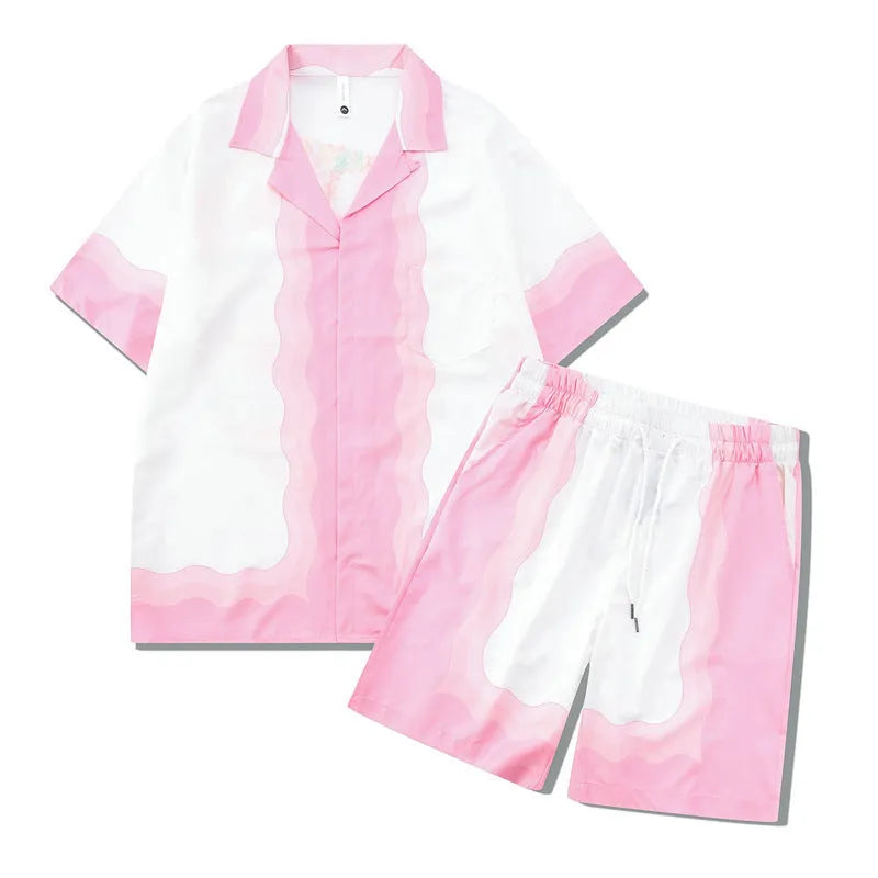 Plaid patterned beach outfit set with short sleeve shirt and matching trousers on a man