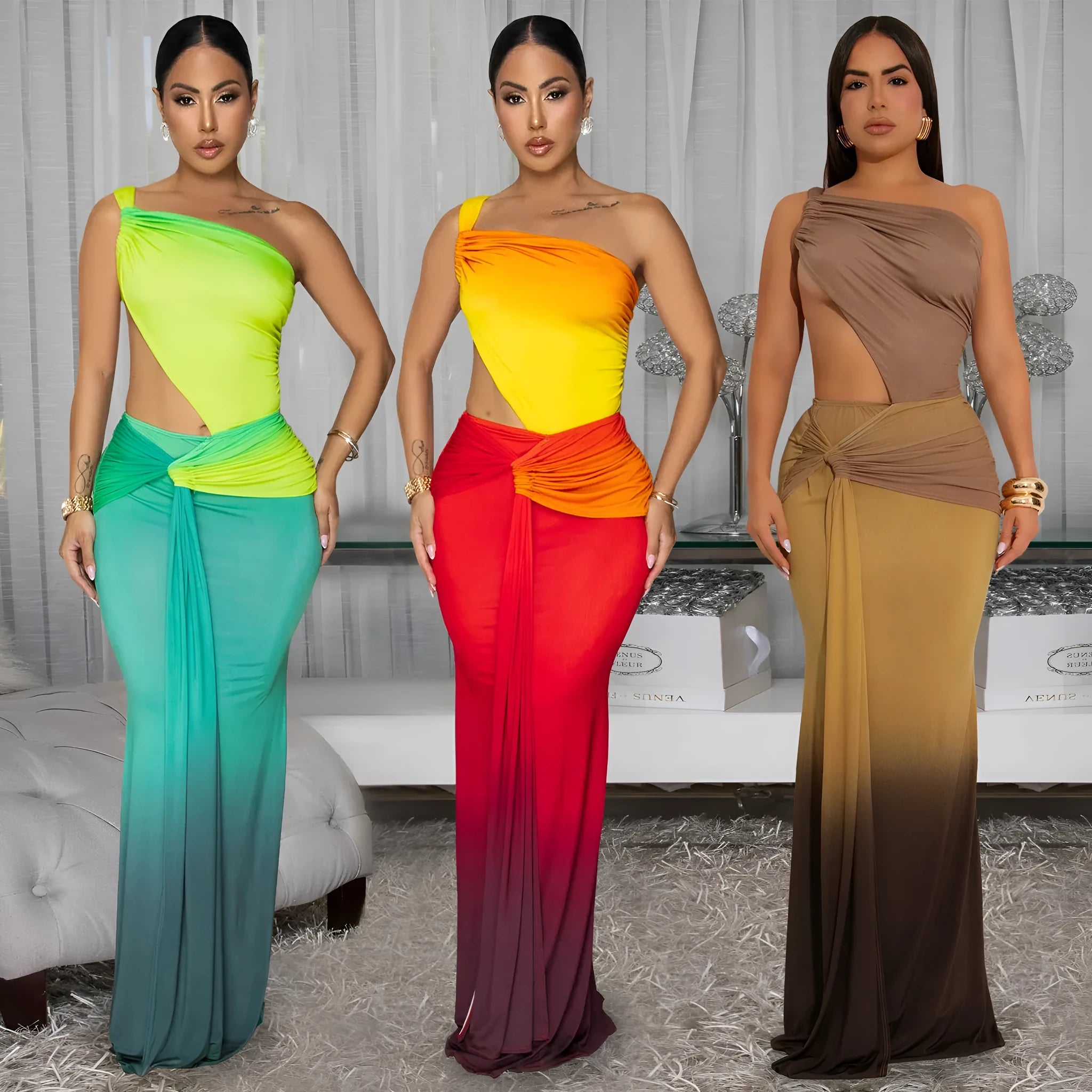A woman's gradient colour cross-shoulder sleeveless dress with a high waist and long skirt.