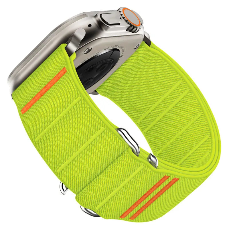 Elastic nylon sport loop strap with stainless steel buckle for Apple Watch, shown in multiple colour options.