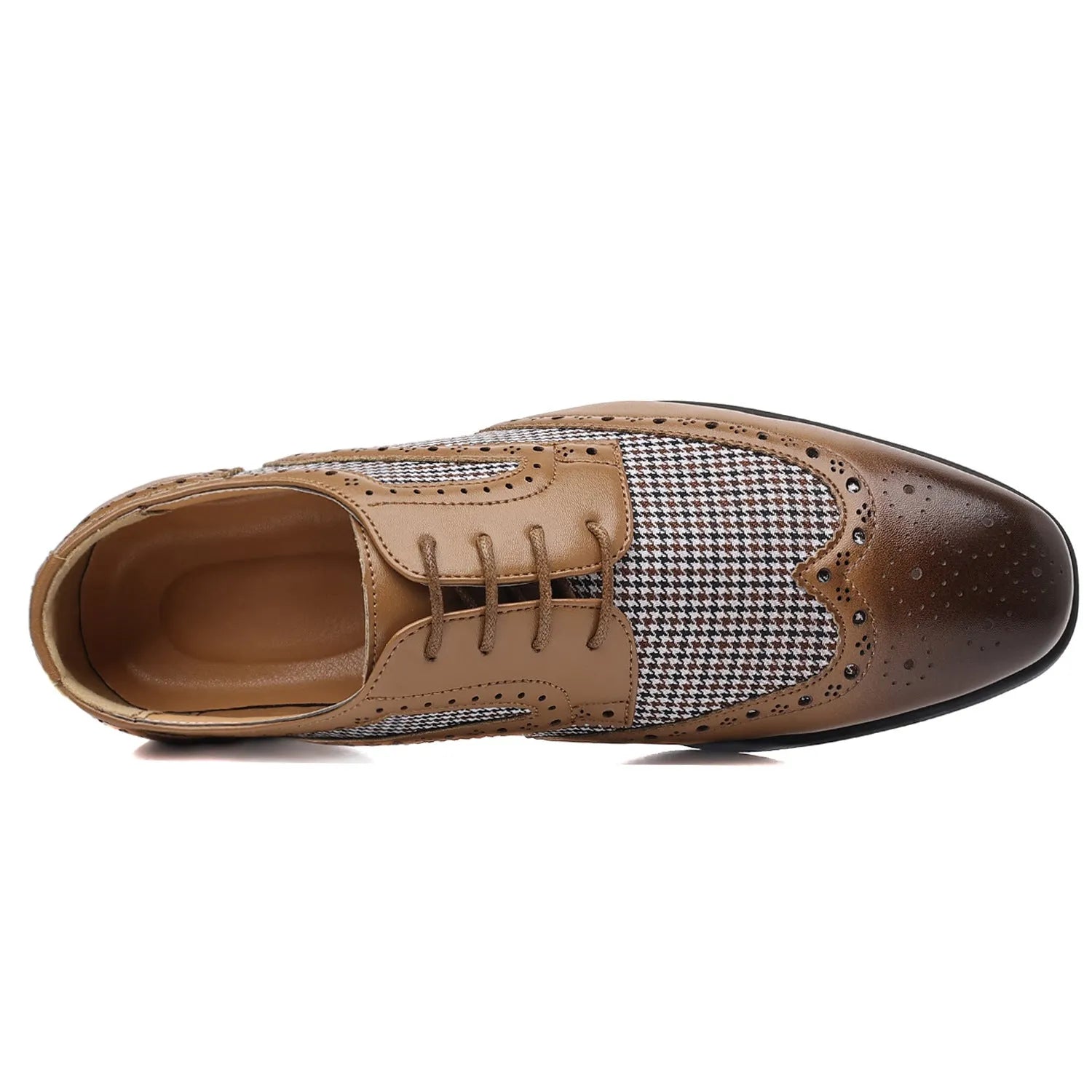 Men's houndstooth plaid casual shoes in black with square toe and lace-up front.