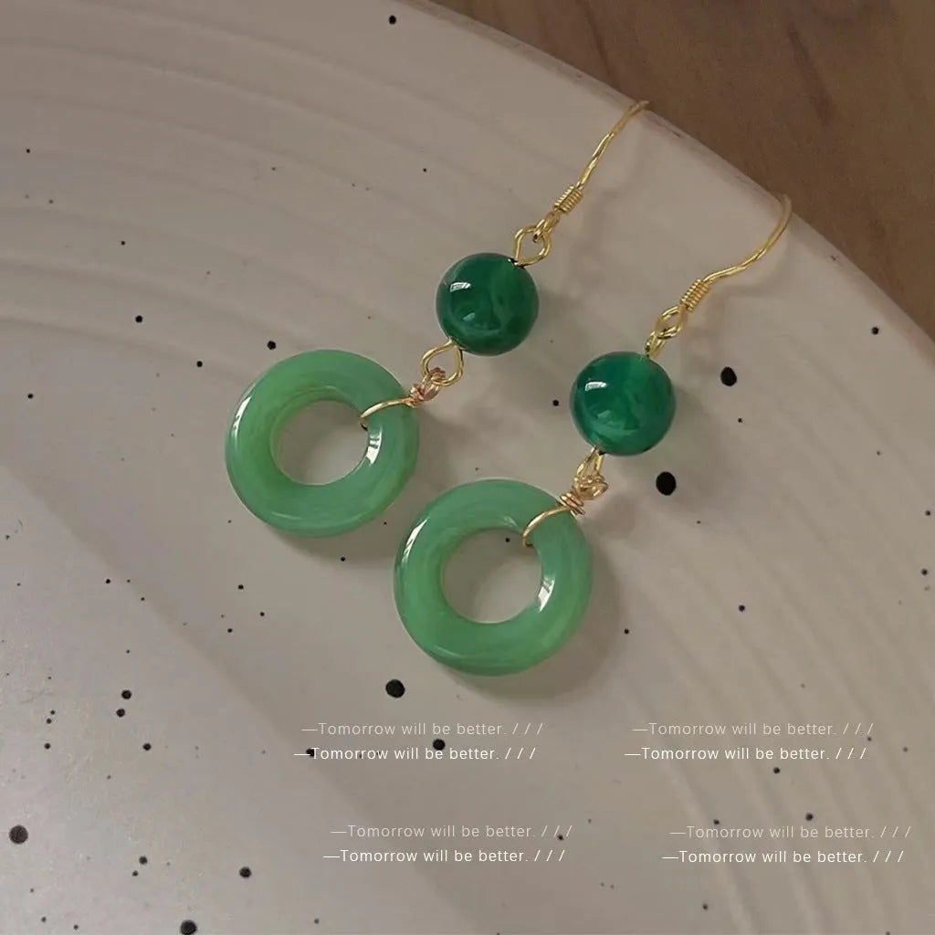 Green jade design geometric peace buckle earrings with 14K gold plating on zinc alloy