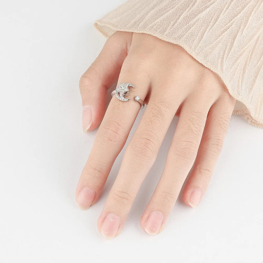 Micro-inlaid free rotating zircon star moon ring for women, gold copper finish, adjustable opening