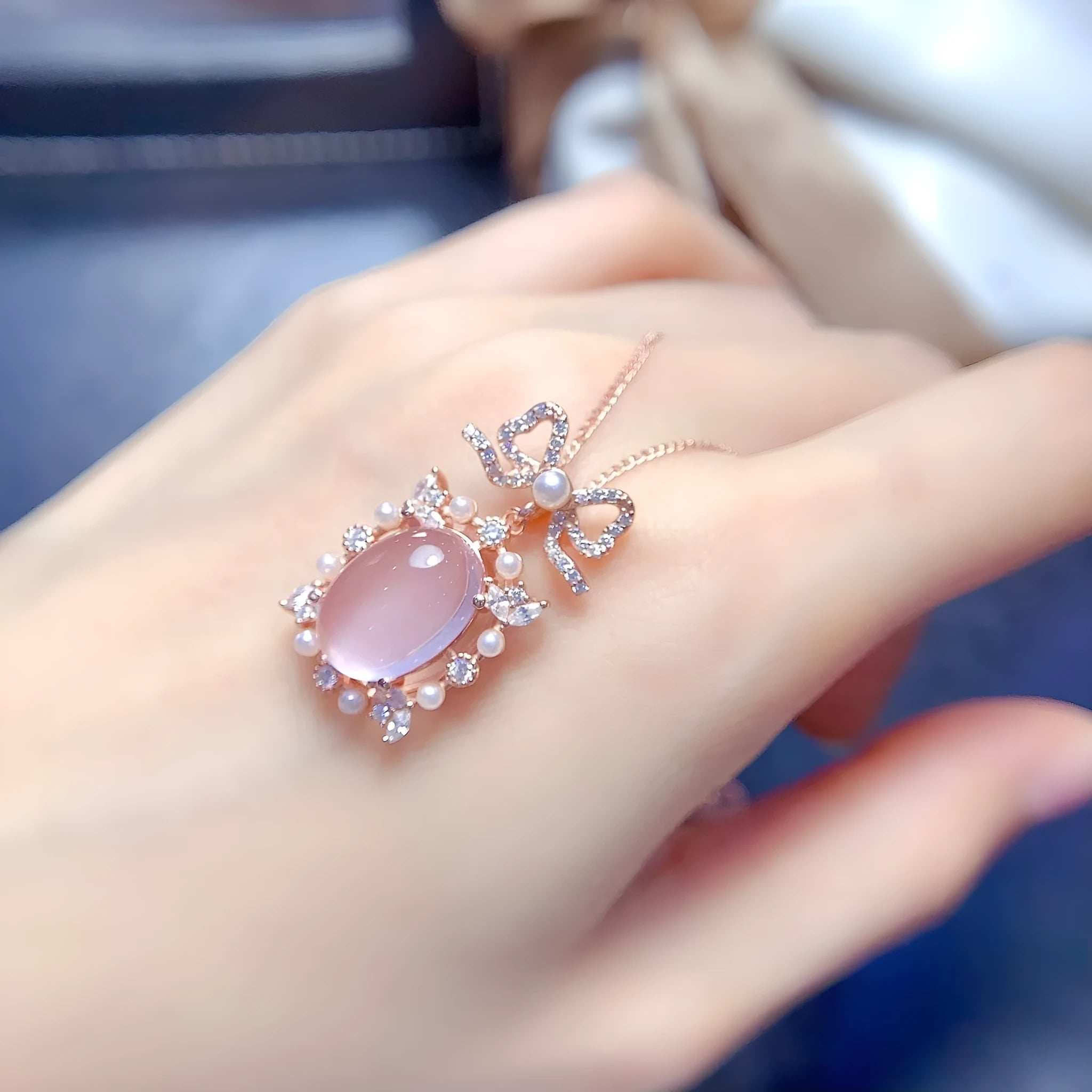 Pink rose quartz geometric pendant in silver with rose gold plating on alloy necklace chain