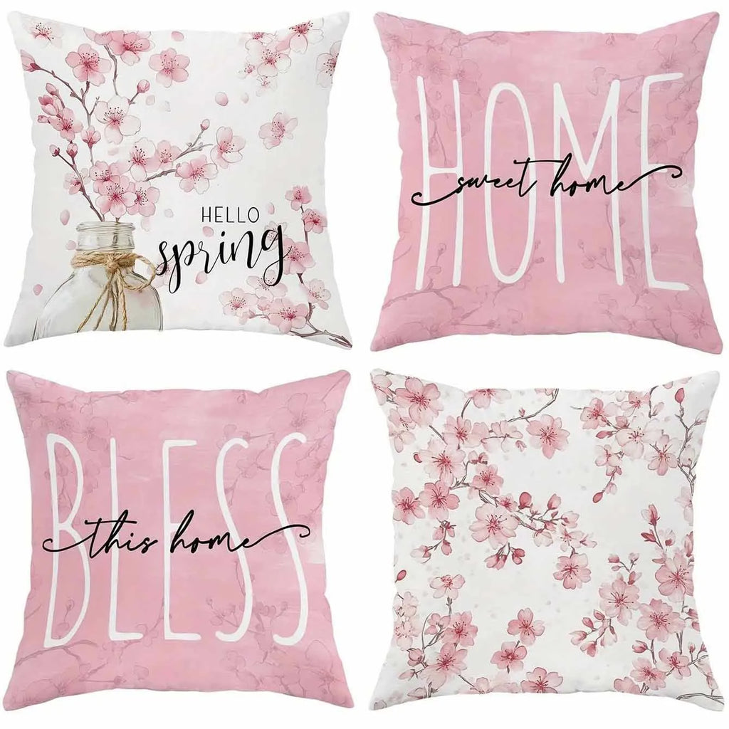 45cm square short velvet cushion cover with printed cherry blossom and letter design