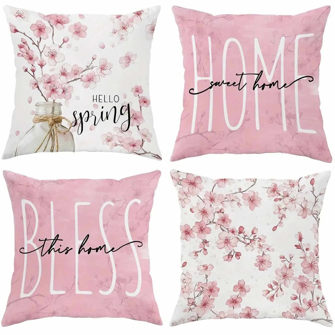 45cm square short velvet cushion cover with printed cherry blossom and letter design
