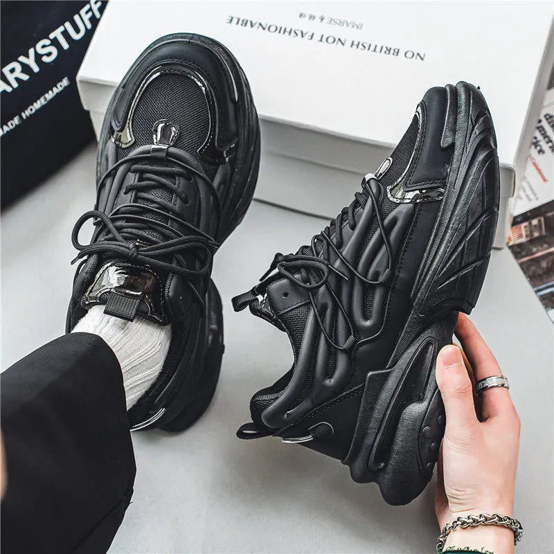 Men's breathable mesh lace-up sneaker in beige and black with rubber sole and platform heel