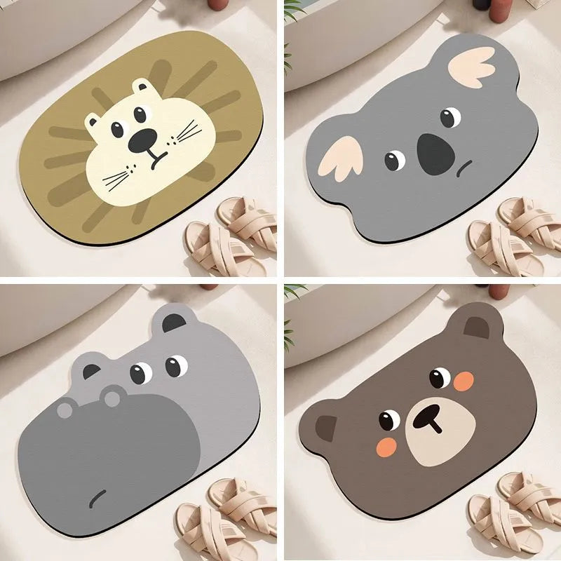 Diatomaceous earth bathroom absorbent mat with cartoon animal design in bathroom setting