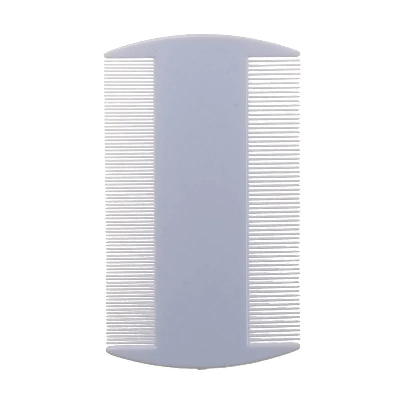 Double-edged fine-toothed plastic flea and lice comb in multiple colours on white background
