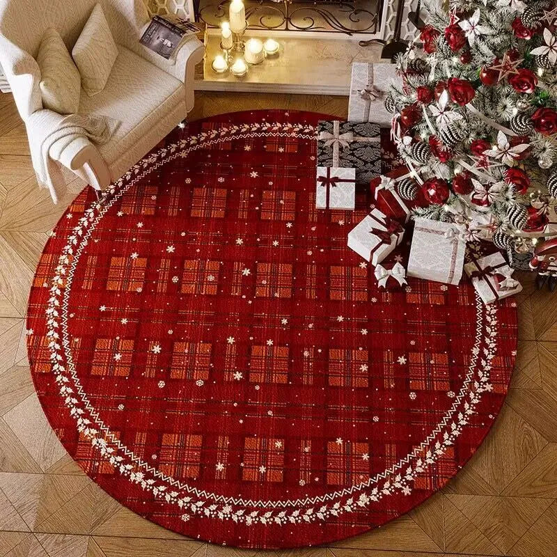 Round red Christmas-themed polyester floor mat with non-slip base on a wooden living room floor.