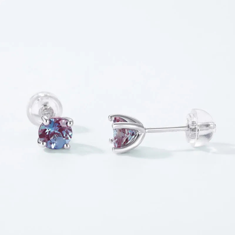 925 silver ear studs with cultivated Alexandrite stone in geometric round shape