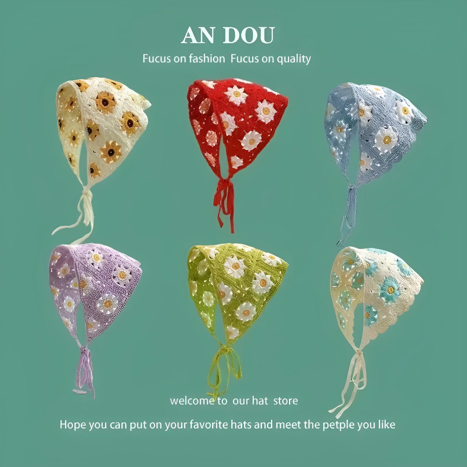 Women's cotton triangular headscarf with floral pattern in a retro French style.