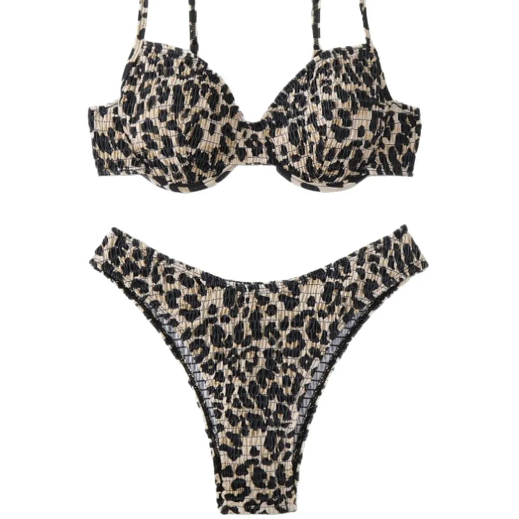 Women's leopard print bikini set with backless design in brown and red mix colours.
