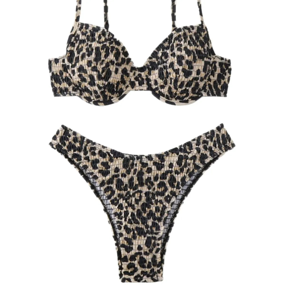 Women's leopard print bikini set with backless design in brown and red mix colours.