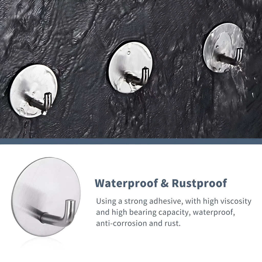 Two stainless steel self-adhesive hooks, one black and one sanded, shown against a surface.