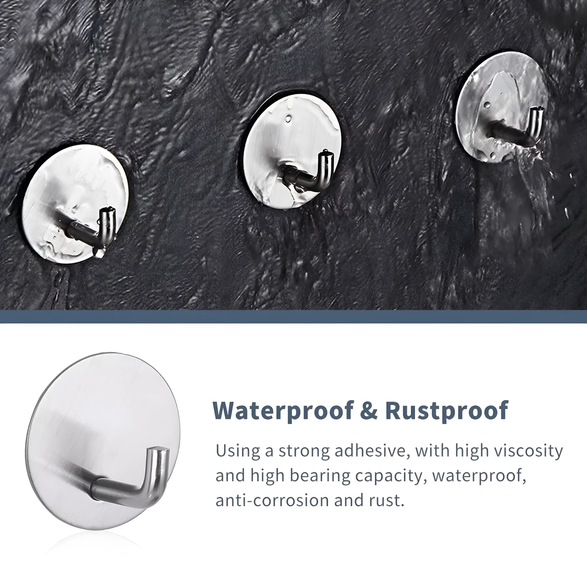 Two stainless steel self-adhesive hooks, one black and one sanded, shown against a surface.