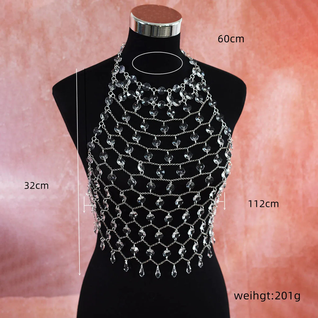 Hand-woven acrylic crystal sequins transparent body chain chest necklace round beads