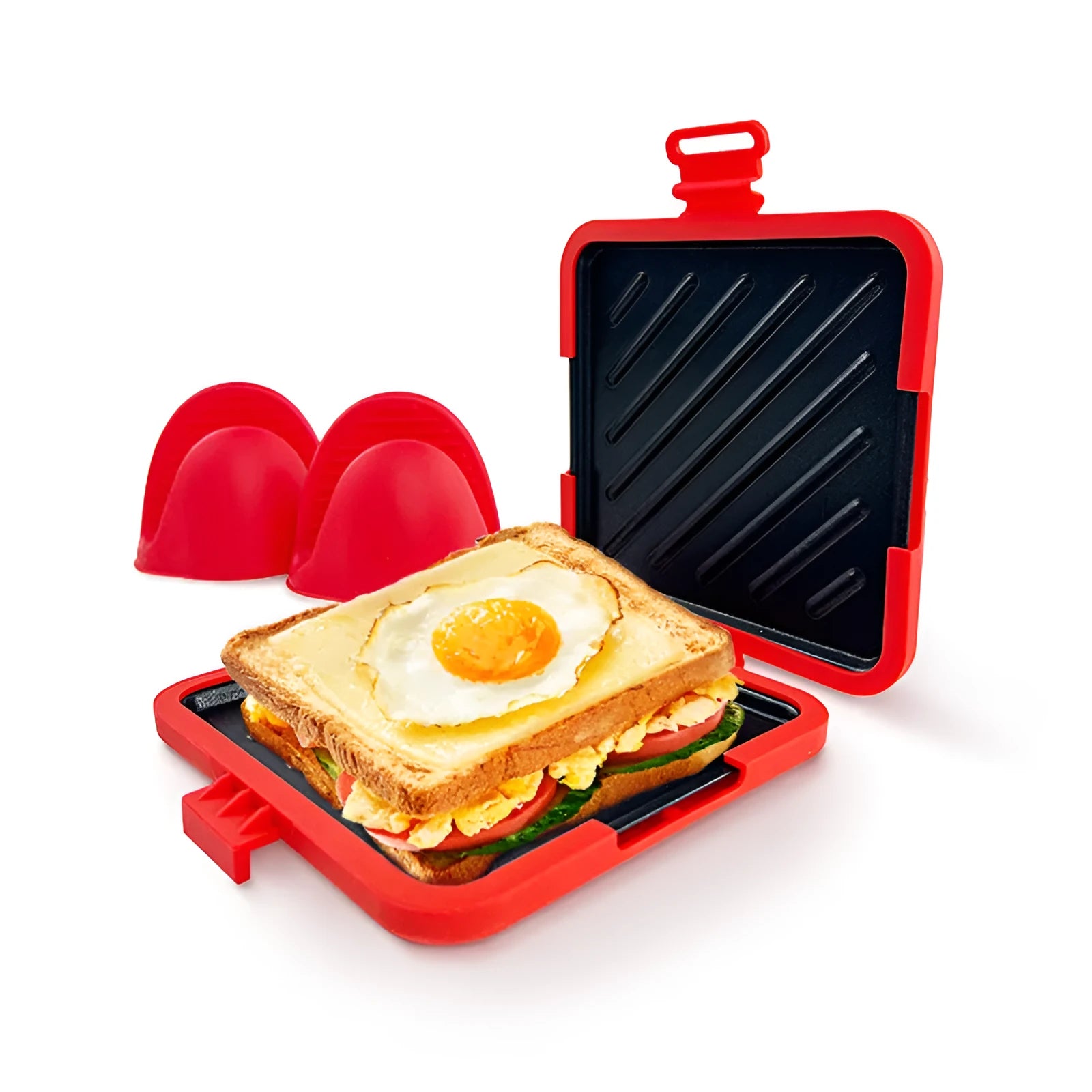 Red silicone baking tray with matching silicone heat-resistant gloves