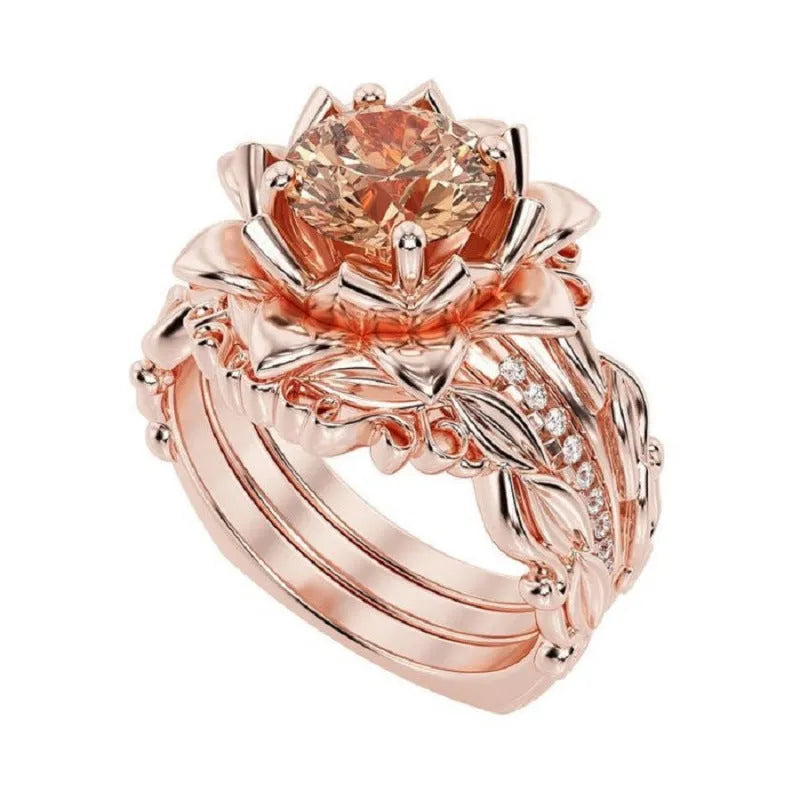 Women's rose inlaid zircon ring alloy flower shape geometric unisex rose gold colour