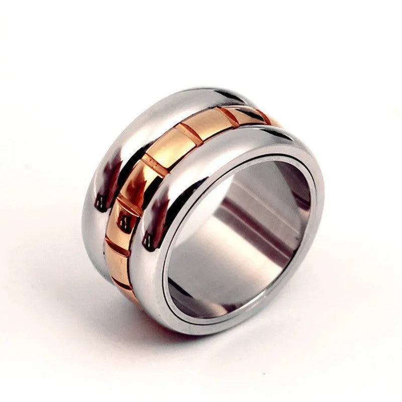 Ultra-wide titanium steel knuckle ring with rotatable tail, gold electroplated finish, natural style, size No.10