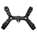Black leather chest bondage strap with metal buckle and rivet details for cosplay and festival outfits