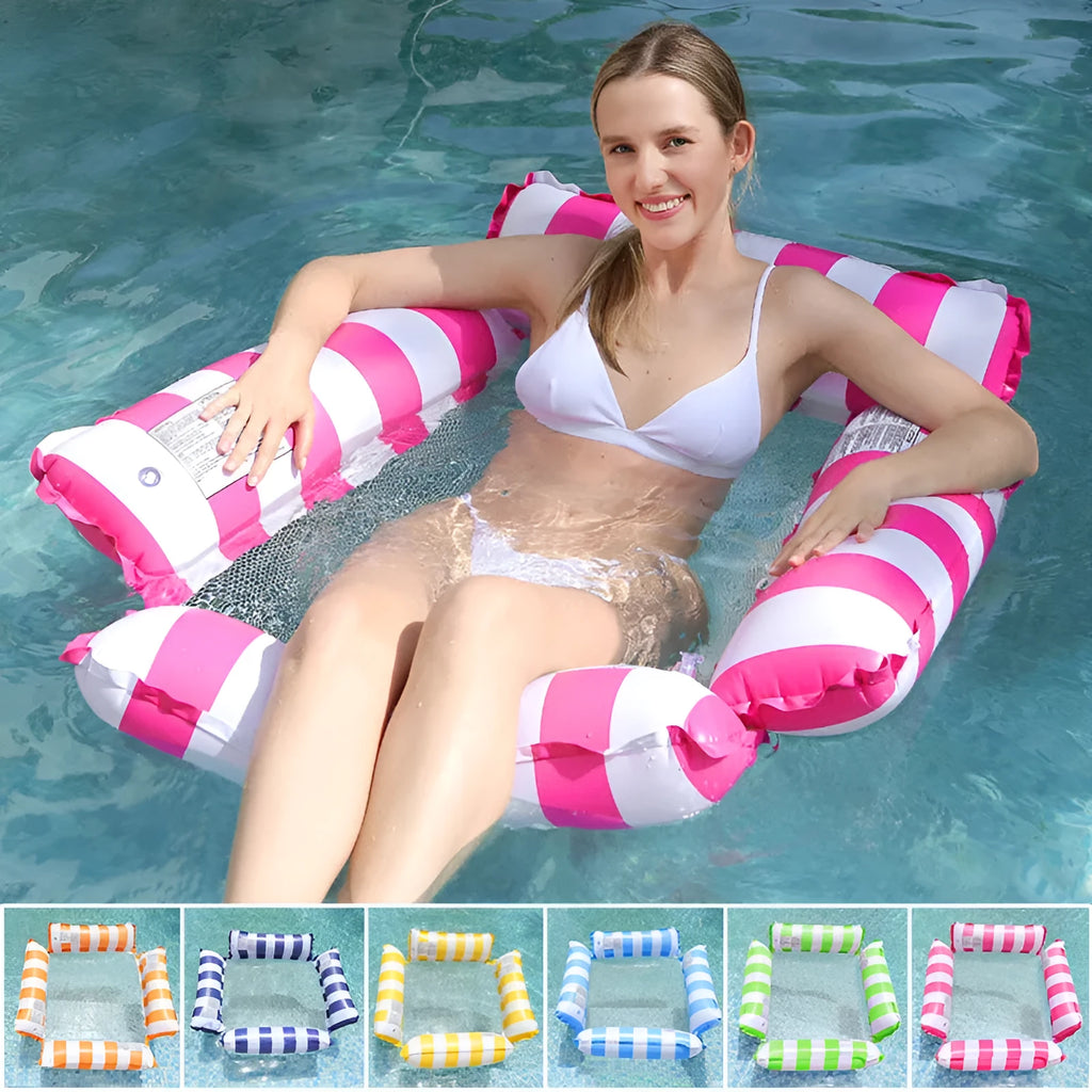 Inflatable four-tube striped hammock floating chair in light blue on water, 123x120 cm, made from environmentally friendly PVC