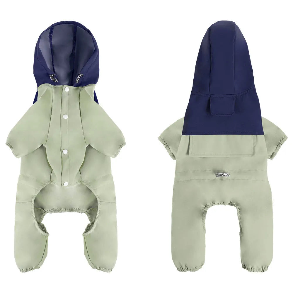 British style khaki coloured waterproof polyester dog jacket on a small dog.