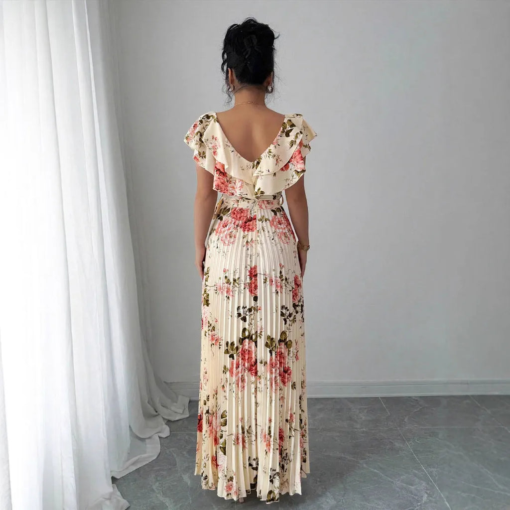 Women's apricot floral print V-neck dress with ruffled sleeves and swing skirt
