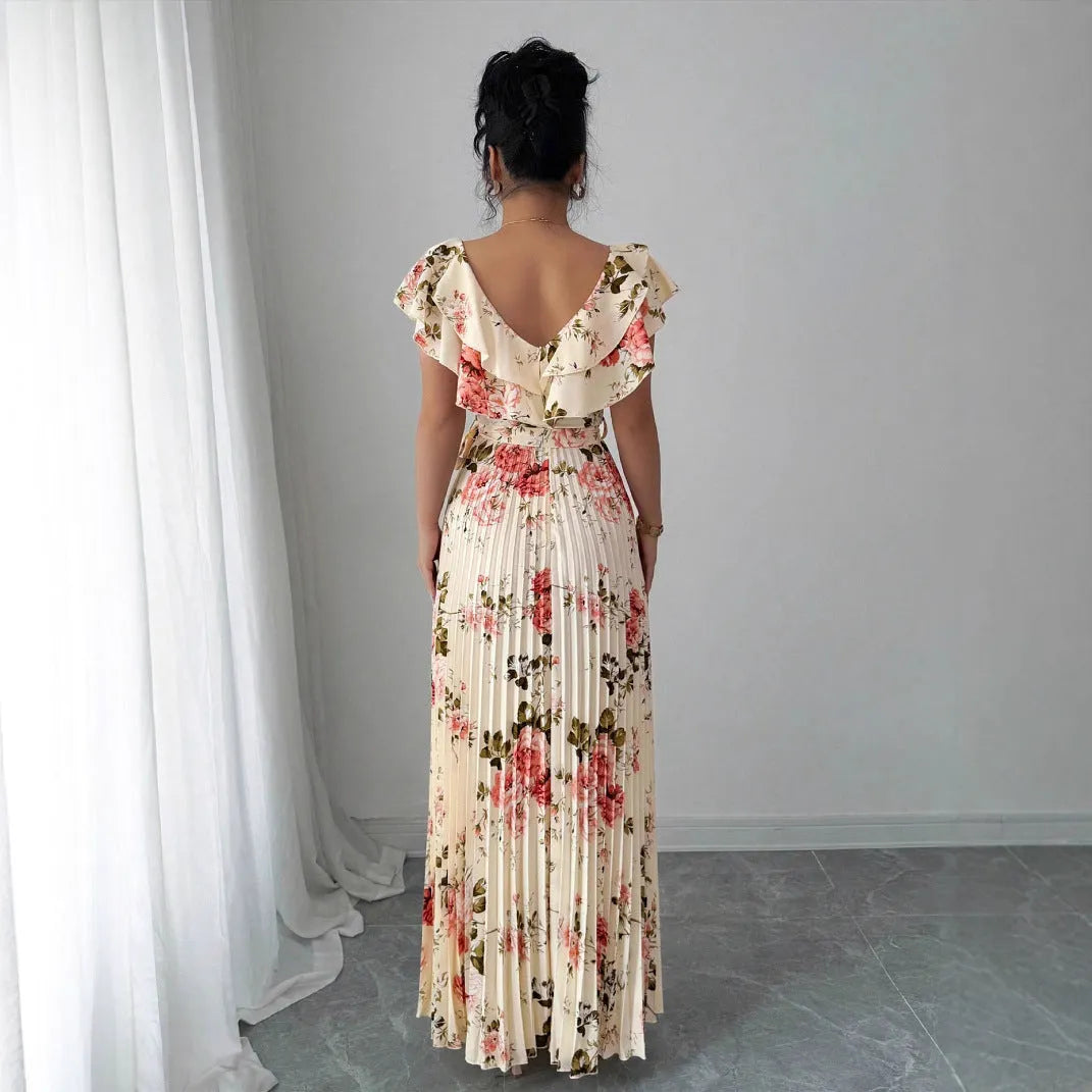 Women's apricot floral print V-neck dress with ruffled sleeves and swing skirt