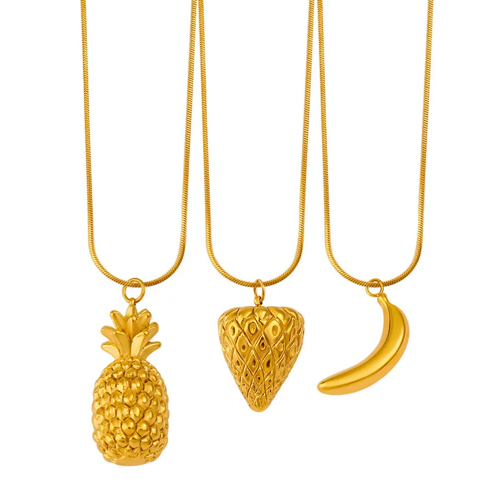 Stainless steel fruit necklace pendant choices: apple, grape, watermelon, pineapple, strawberry, banana on alloy chain.