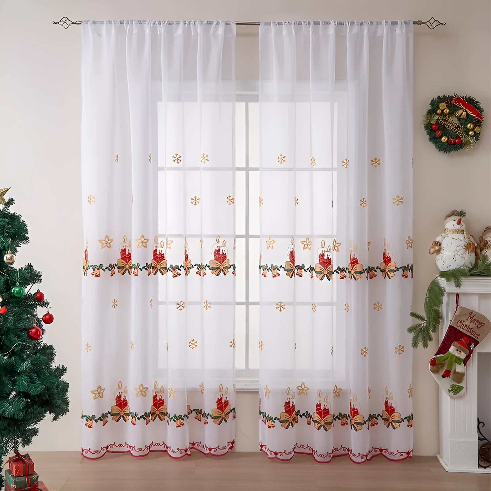 Pair of American-style Christmas curtains with white snowflake embroidery on red fabric, hanging as a semi-sunshade window covering.