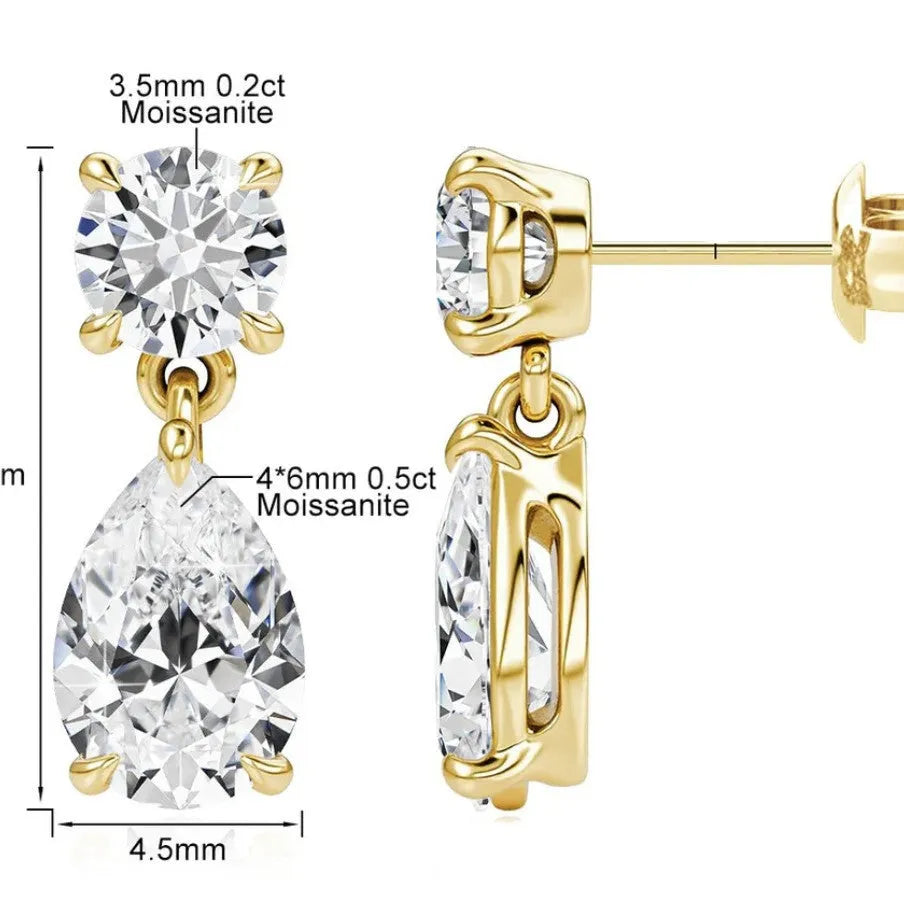 925 sterling silver water drop moissanite stud earrings with round and water drop stones