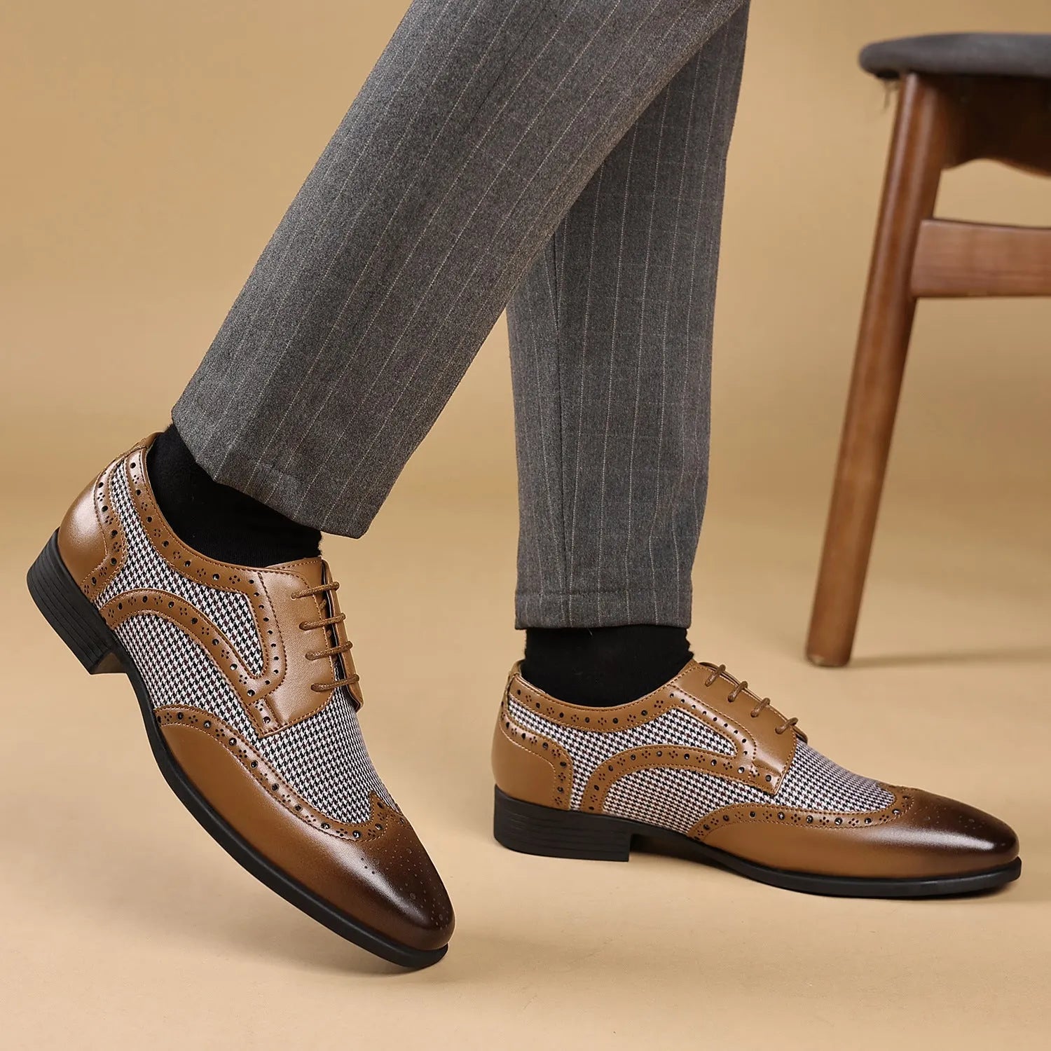 Men's houndstooth plaid casual shoes in black with square toe and lace-up front.