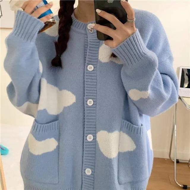 Blue women's cardigan with cloud pattern, loose fit, long sleeves