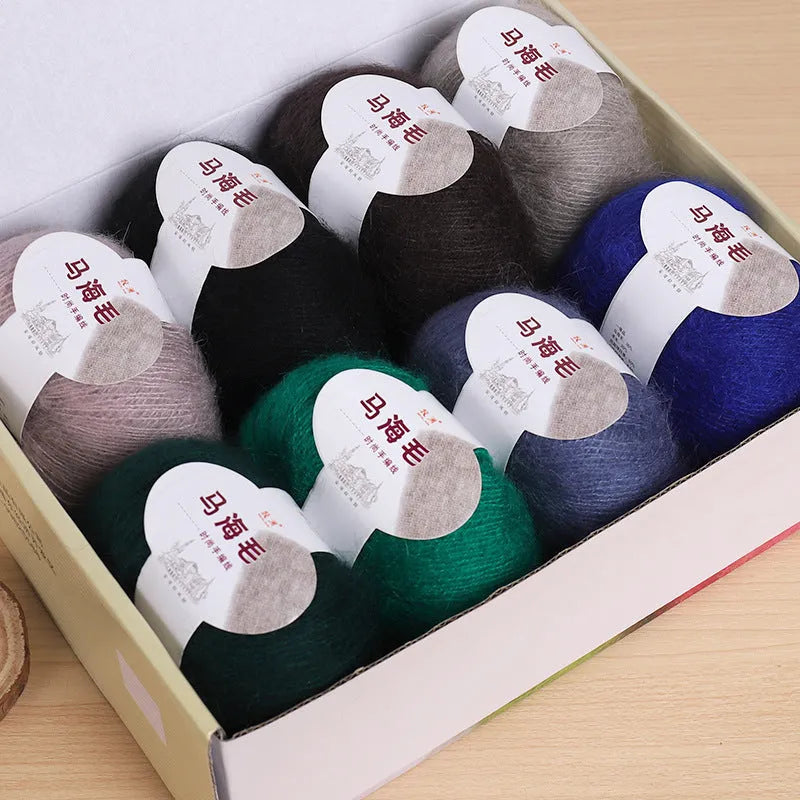 Mohair wool ball and thread for DIY hand-woven scarf knitting kit in multiple colours