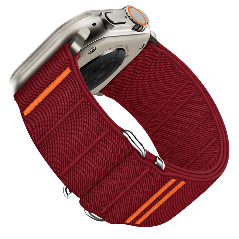 Elastic nylon sport loop strap with stainless steel buckle for Apple Watch, shown in multiple colour options.