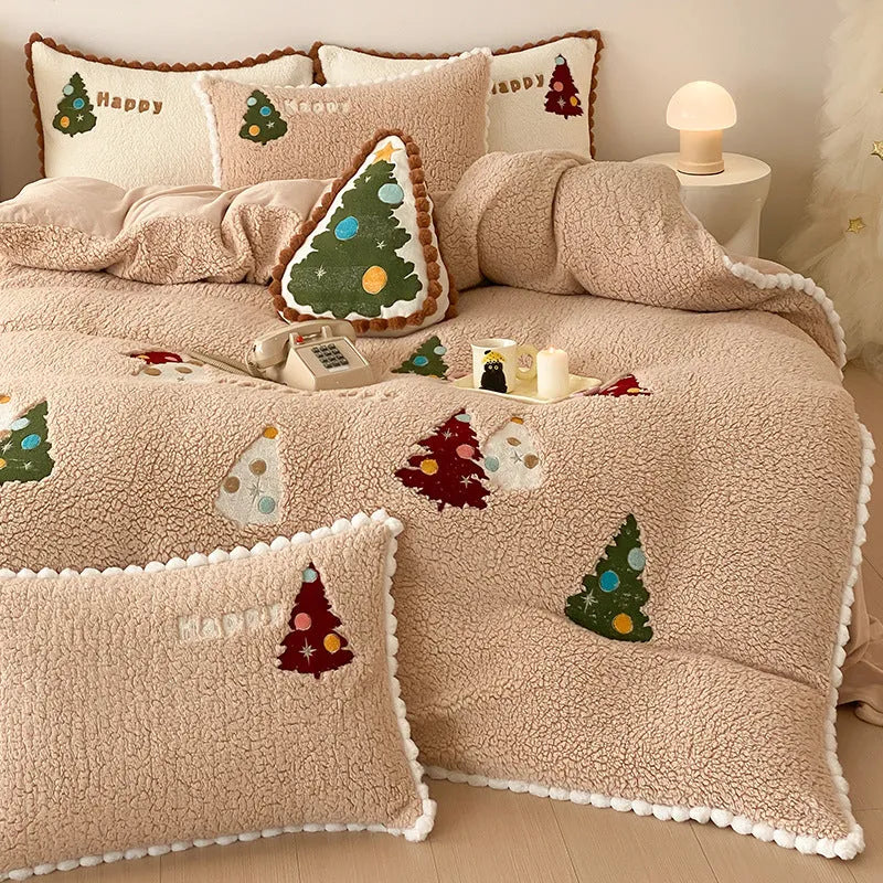 Bright yellow Christmas bedding four-piece set with cartoon animation pattern and fleece-lined winter construction