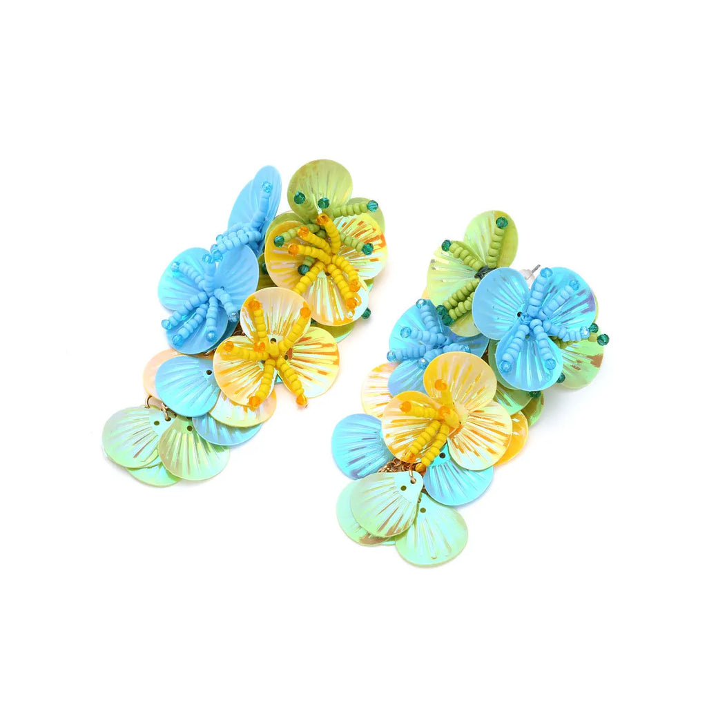 Handmade beaded flower earrings with exaggerated string bead designs in colourful, rose and purple colours