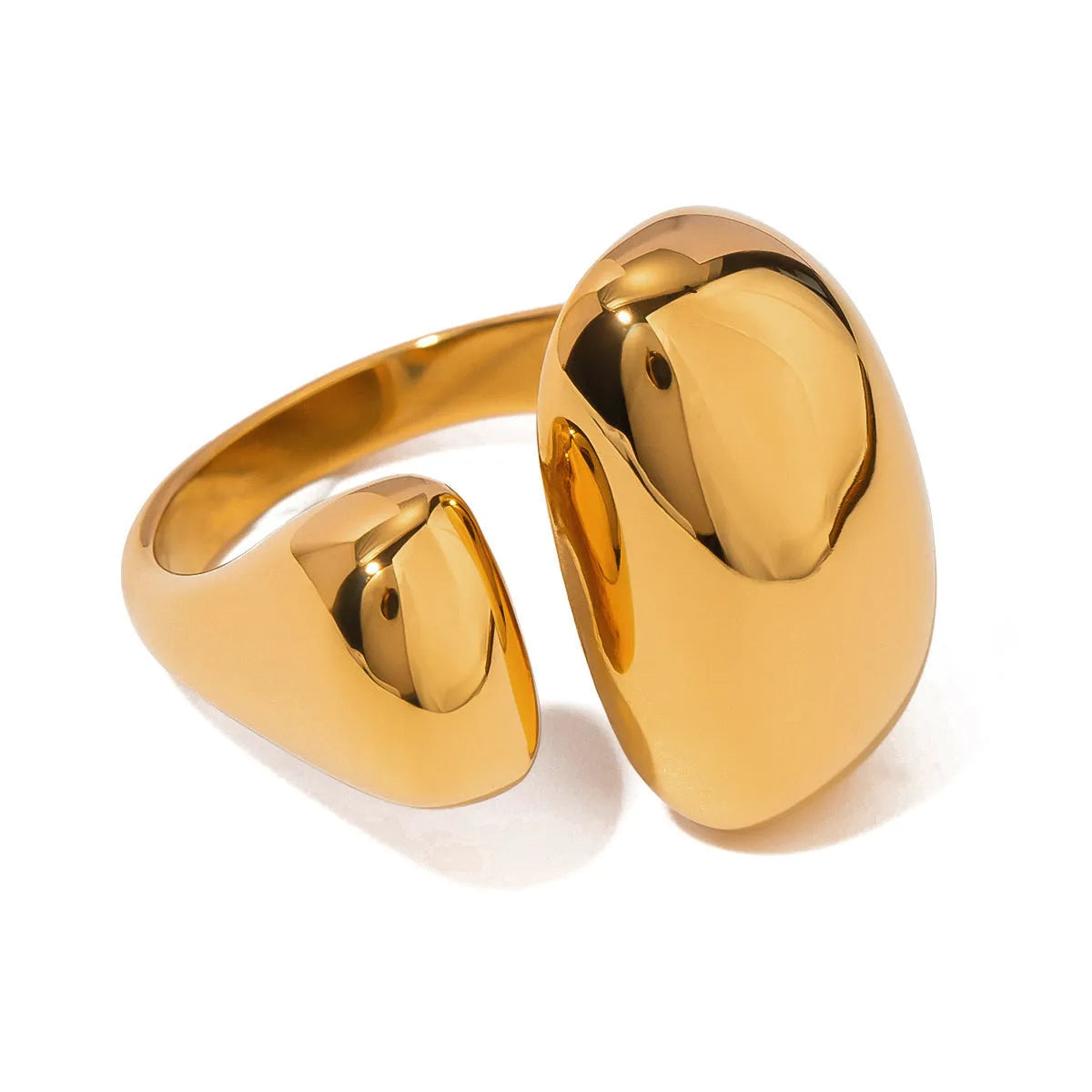Exaggerated geometric stainless steel open ring for women with electroplated finish.