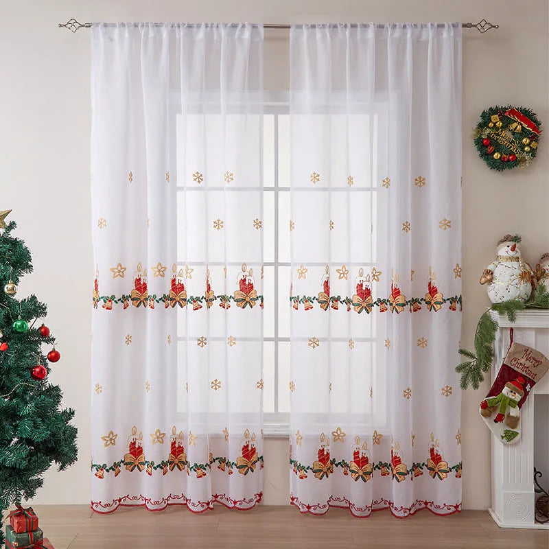 Pair of American-style Christmas curtains with white snowflake embroidery on red fabric, hanging as a semi-sunshade window covering.