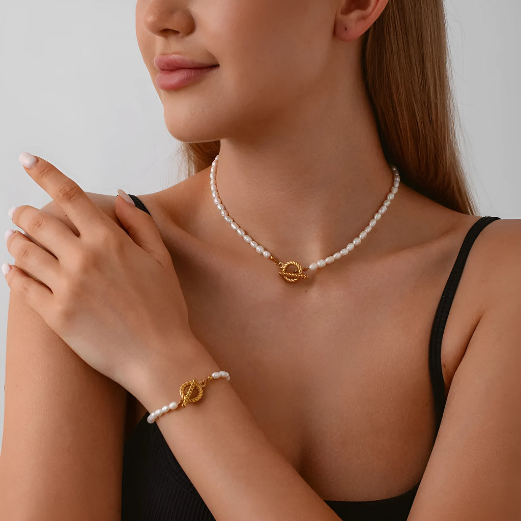 Freshwater pearl necklace and bracelet set in stainless steel with adjustable 41-50cm clavicle chain