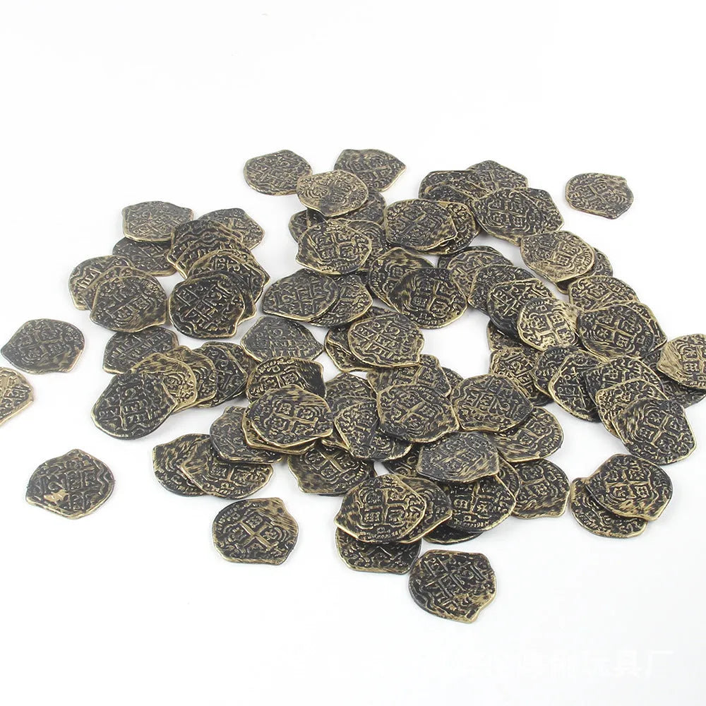Plastic Roman coin replicas in bronze, gold, and silver electroplated finishes