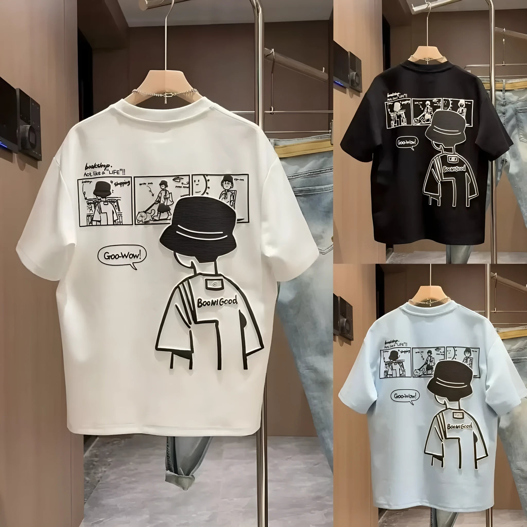 Men's printed cotton short sleeve crew neck T-shirt in black, straight cut, summer style