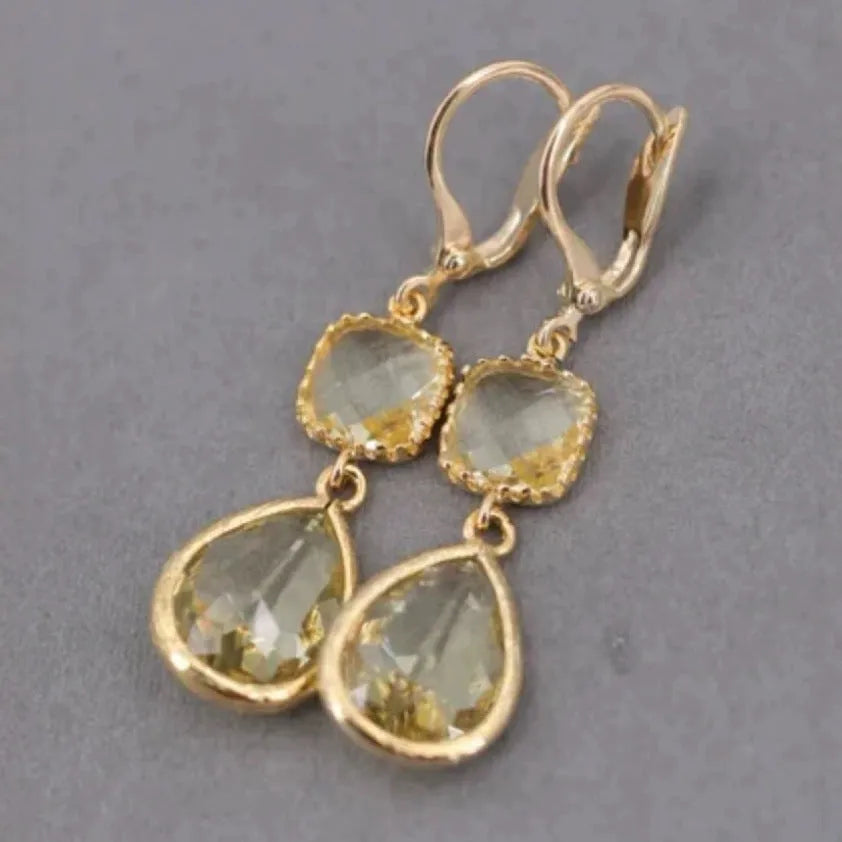 Gold retro geometric crystal fringe drop earrings with exaggerated length and water droplet elements