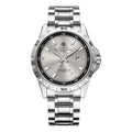 Silver stainless steel men's watch with luminous hands on a black dial, showing business style