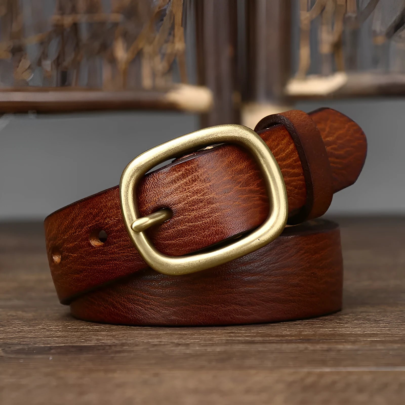 Handmade vintage copper buckle genuine leather belt in brown, 2.8cm wide, with pin buckle fastening on a neutral background