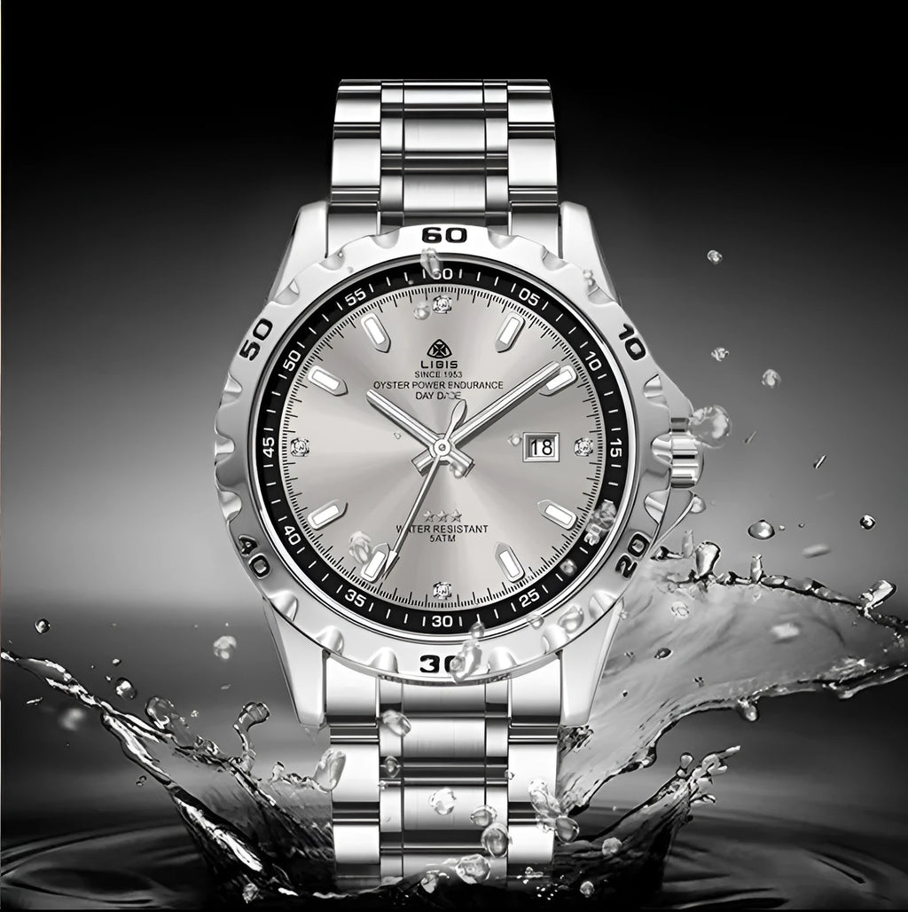Silver stainless steel men's watch with luminous hands on a black dial, showing business style