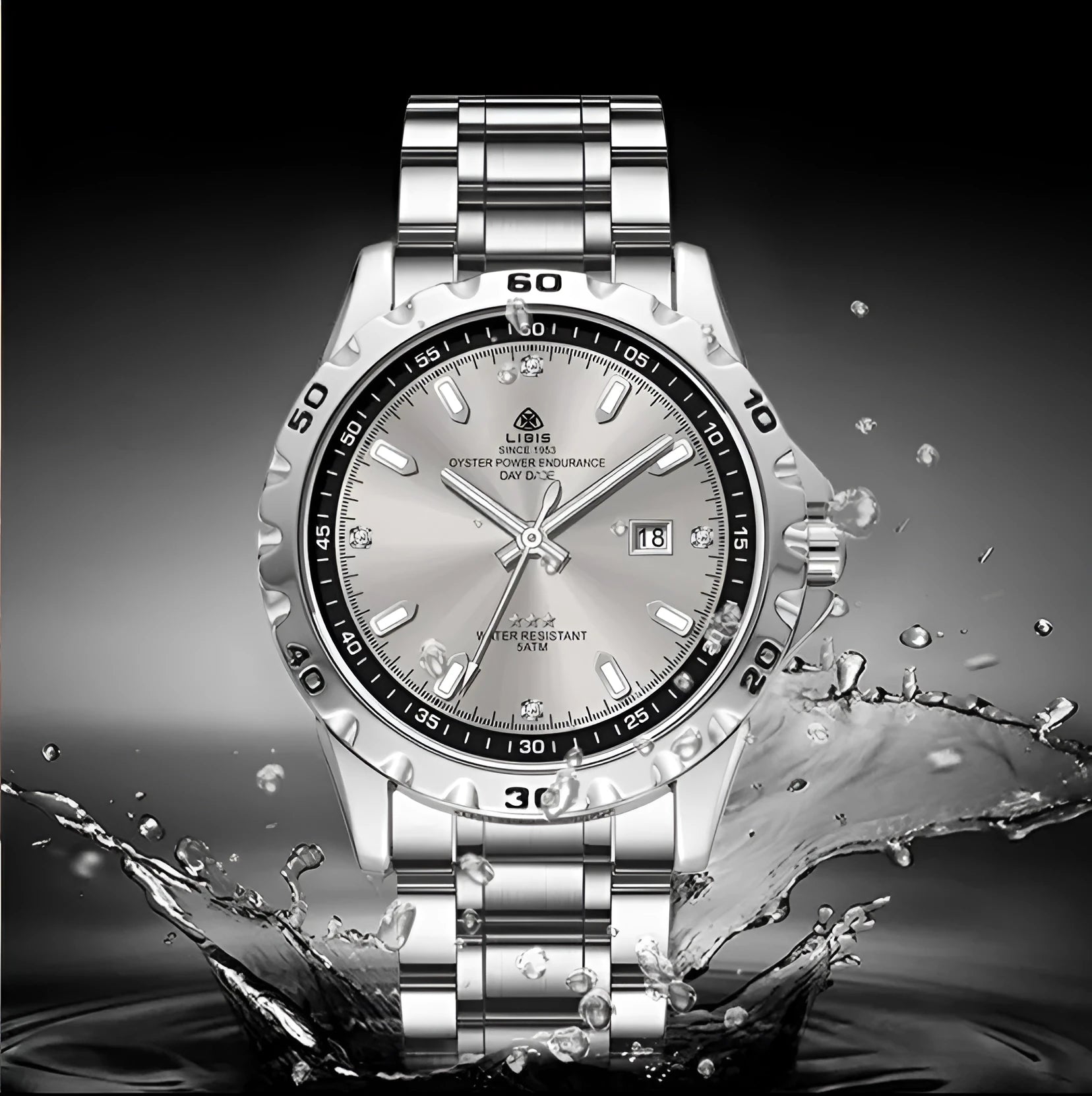 Silver stainless steel men's watch with luminous hands on a black dial, showing business style